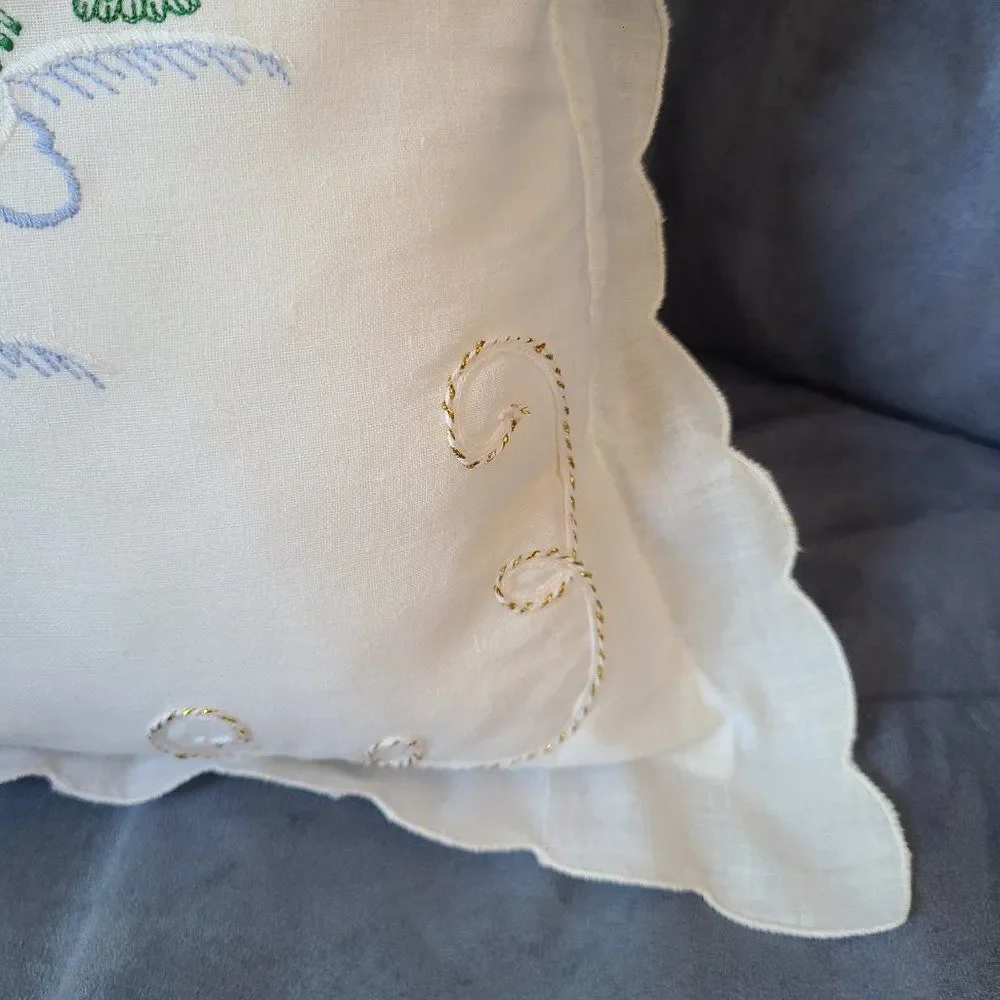 Christmas Snowmen Embroidered Throw Pillow Gold Cord Embellished Scalloped Trim
